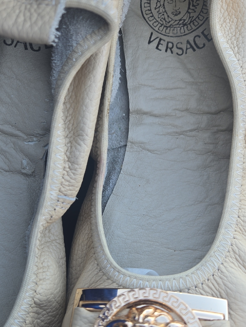 Versace Cream Leather Medusa Ballet Flats with Gold Accent
